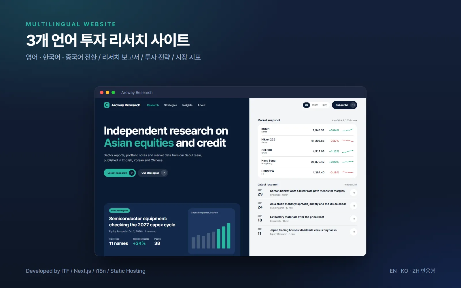 3개 언어 투자 리서치 웹사이트 — 웹 개발 사례